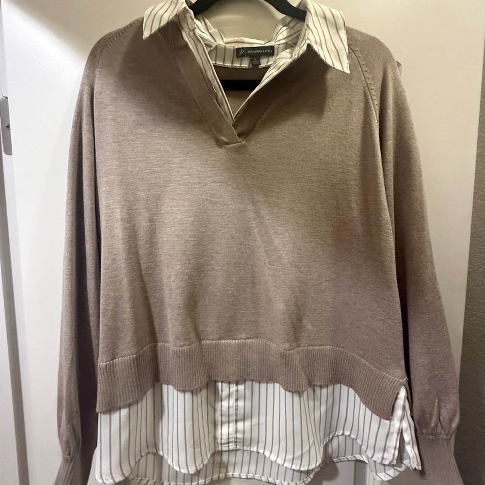 Adrianna Papell Taupe Knit Tunic with Cream Striped Shirt Detail